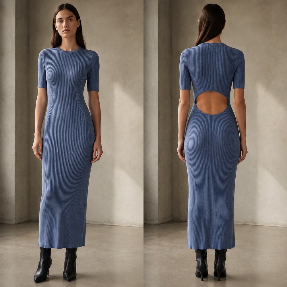 90s Minimalist Ribbed Maxi Dress Rag & Bone Open Back Slate Blue Quiet Luxe XXS